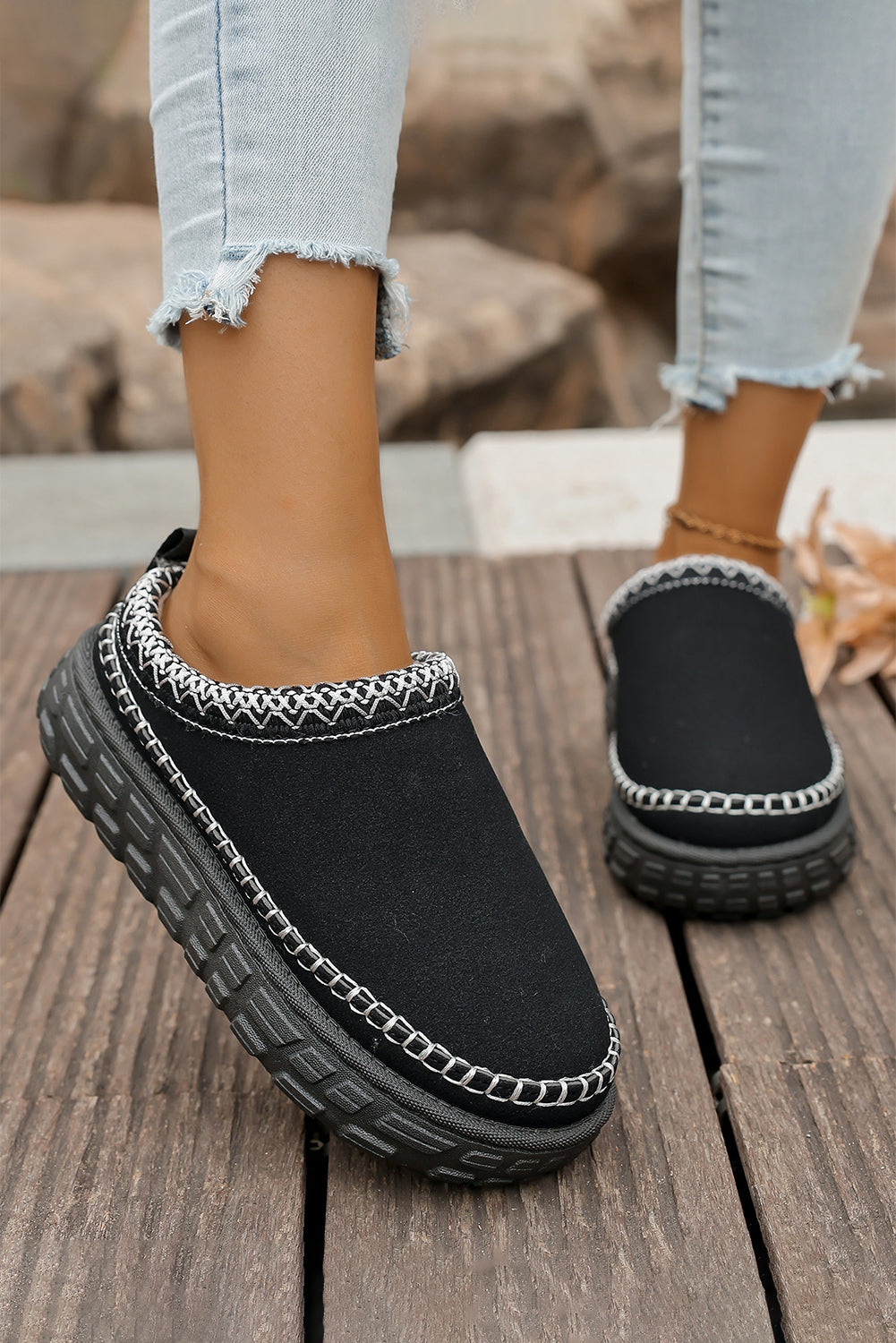 White Faux Suede Woven Trim Plush Lining Platform Slippers