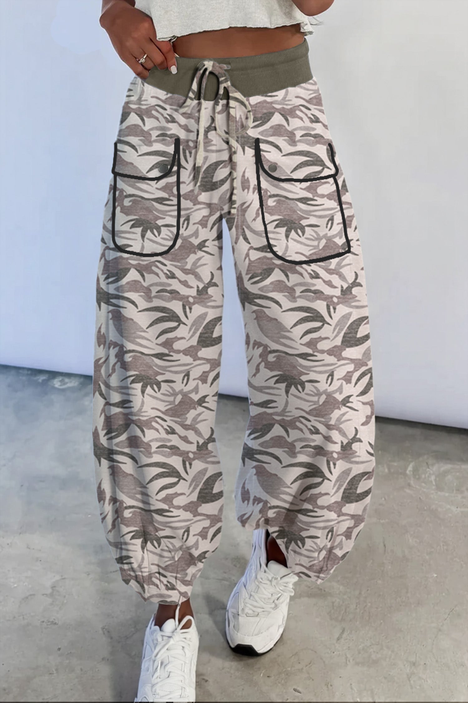 Multicolour Drawstring Contrast Waistband Camouflage Joggers Pants