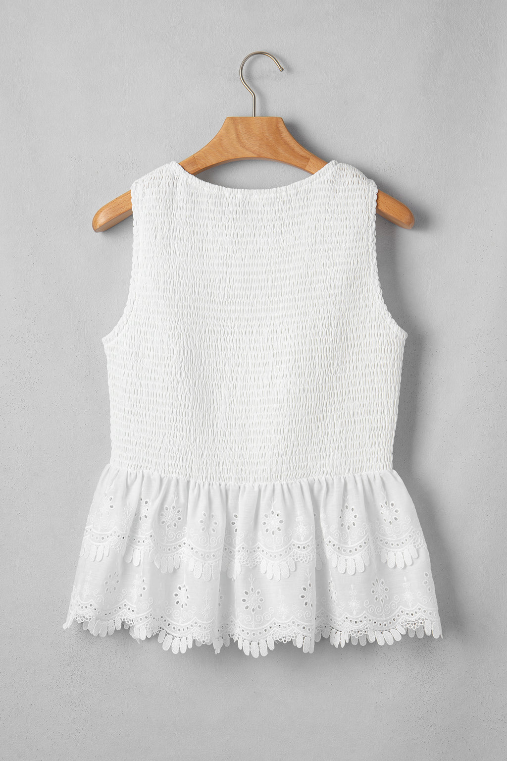 White Sleeveless Smocked Lace Peplum Top