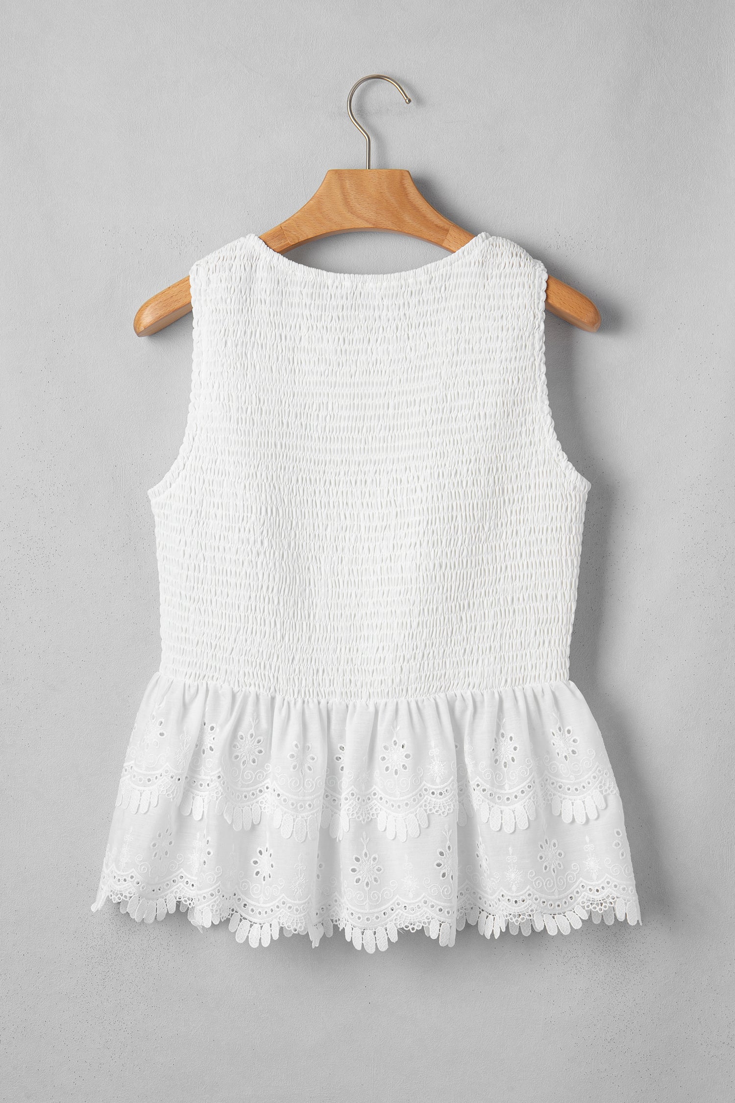 White Sleeveless Smocked Lace Peplum Top