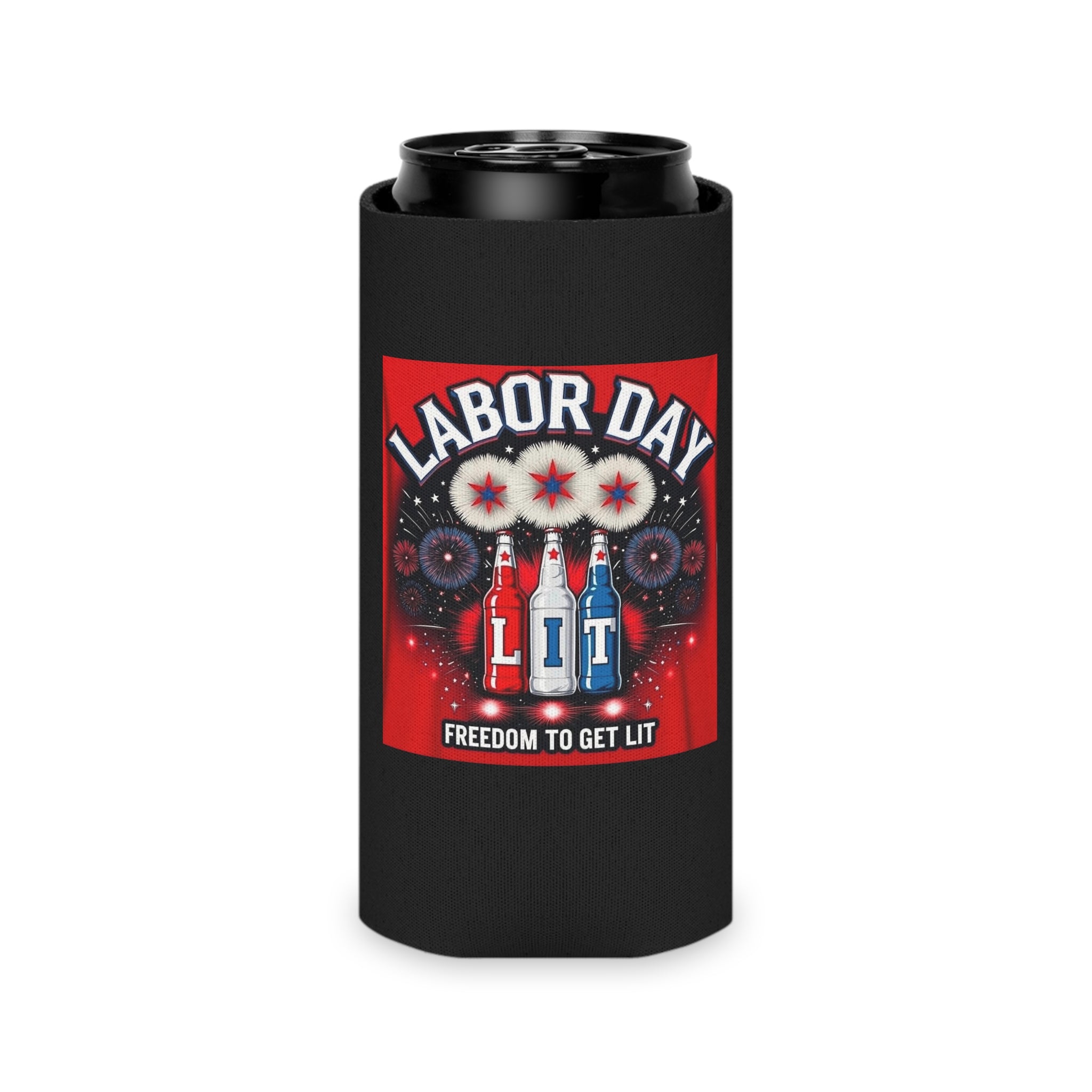Can Cooler — "Labor Day Lit" Patriotic Beer Koozie (Freedom to Get Lit)