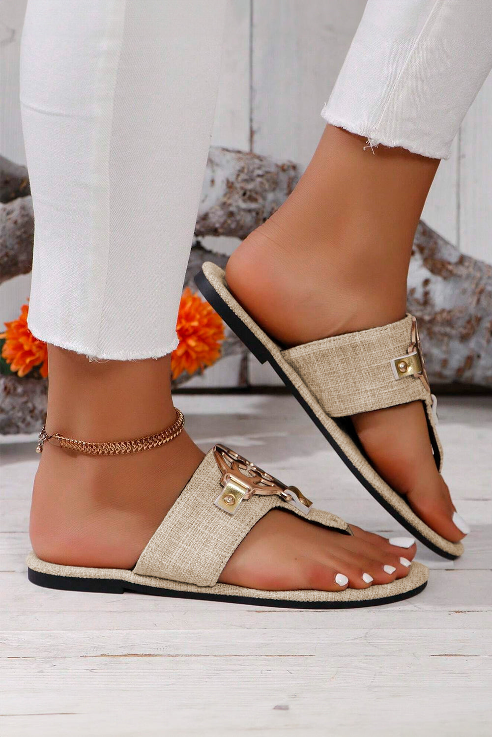 Chestnut Metal Decor Leather Thong Slippers