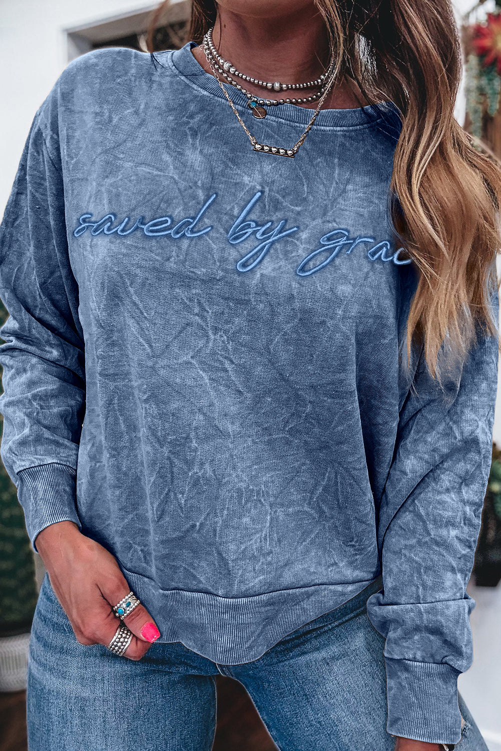 DUNE saved by grace Letter Embroidery Mineral Wash Loose Sweatshirt
