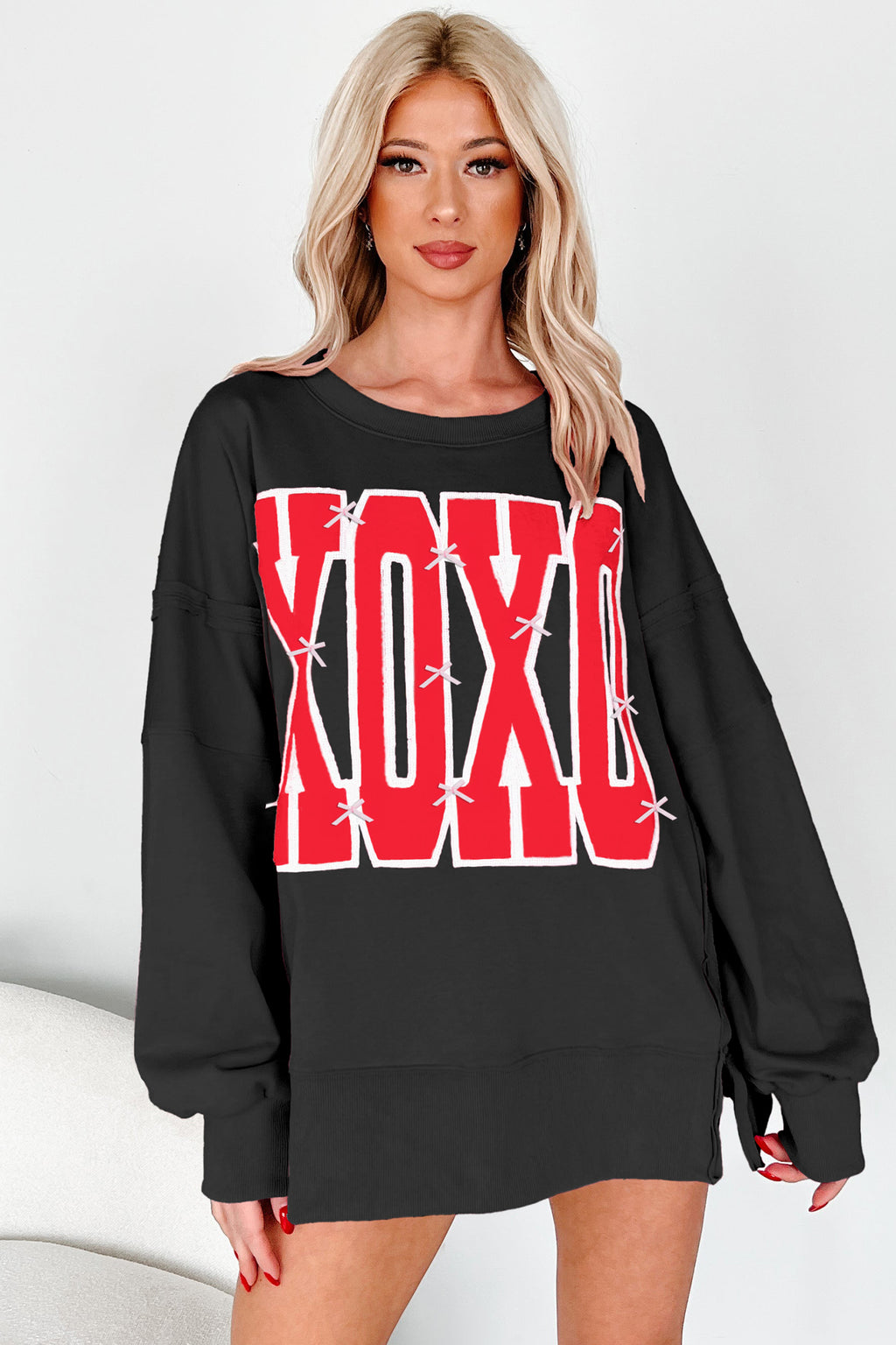 Pink Bow Sequin XOXO Letter Graphic Exposed Seam Baggy Sweatshirt