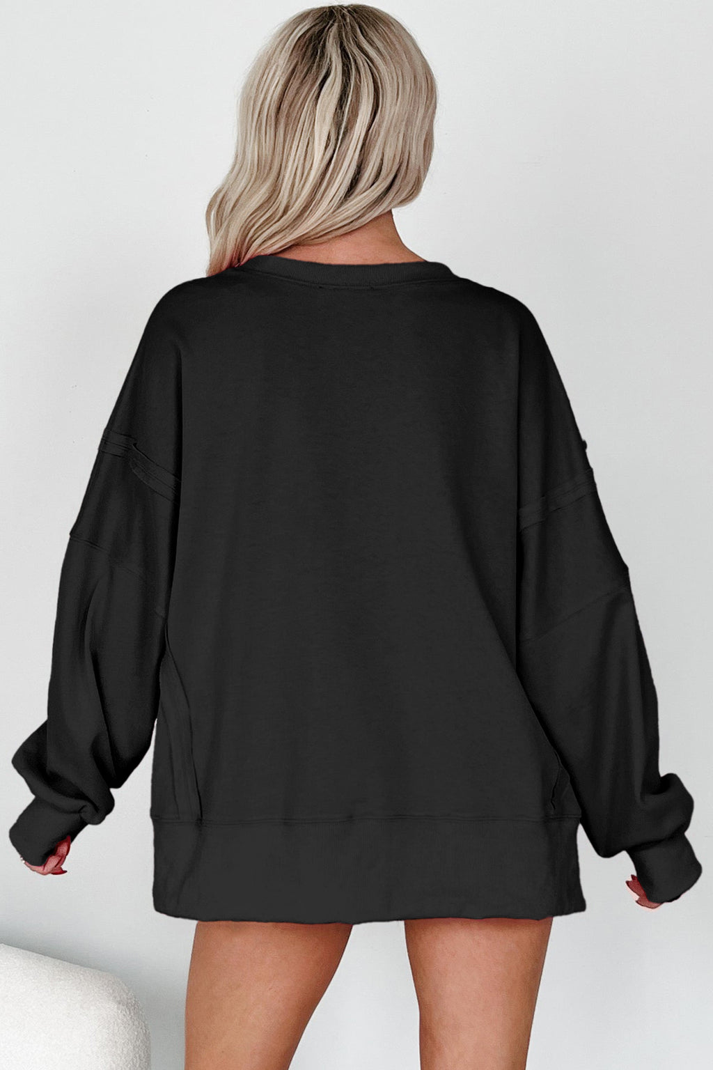 Pink Bow Sequin XOXO Letter Graphic Exposed Seam Baggy Sweatshirt