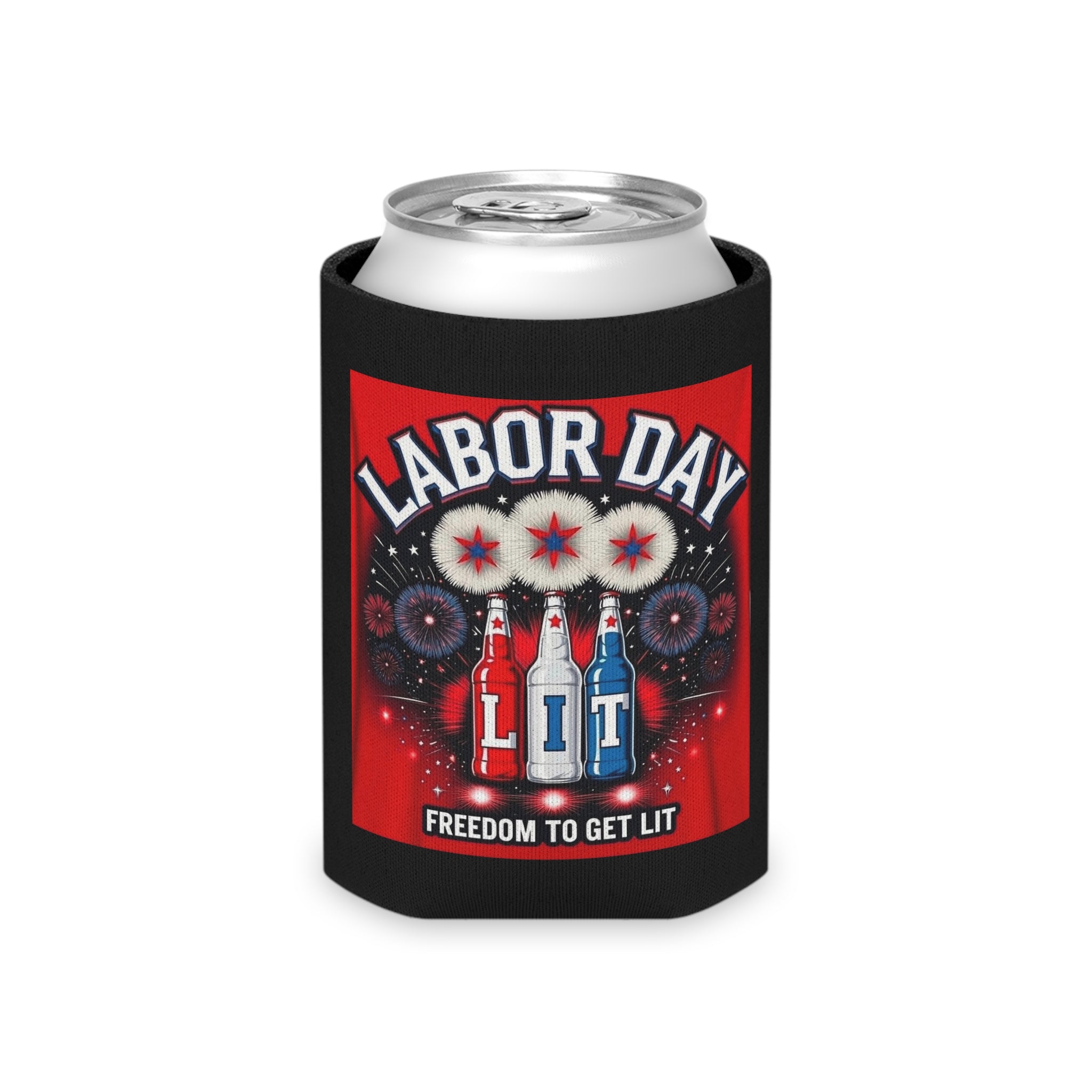 Can Cooler — "Labor Day Lit" Patriotic Beer Koozie (Freedom to Get Lit)