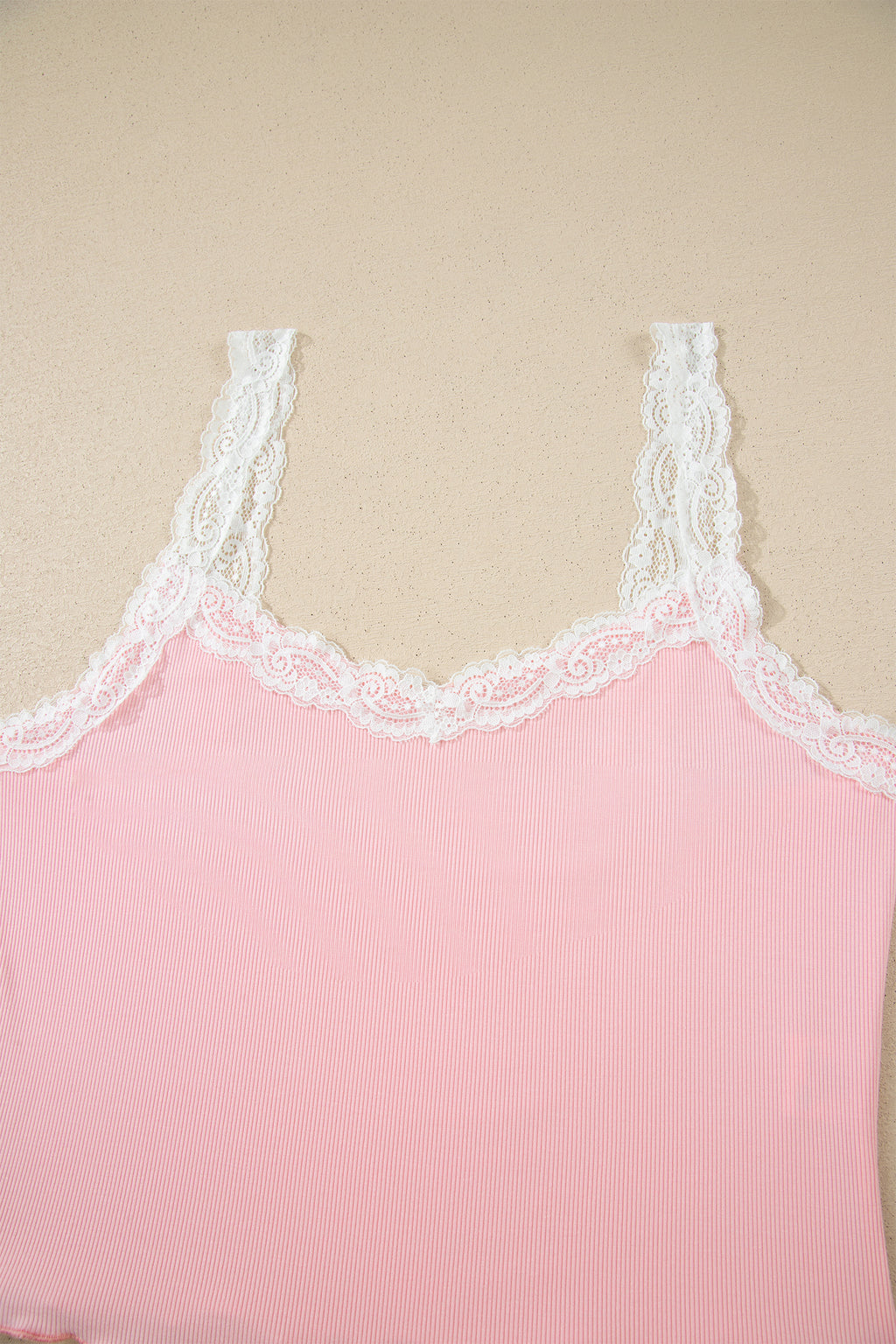 Pink Ribbed Knit Lace Straps Patchwork Lettuce Hem Cropped Top Floral Short Lounge Set