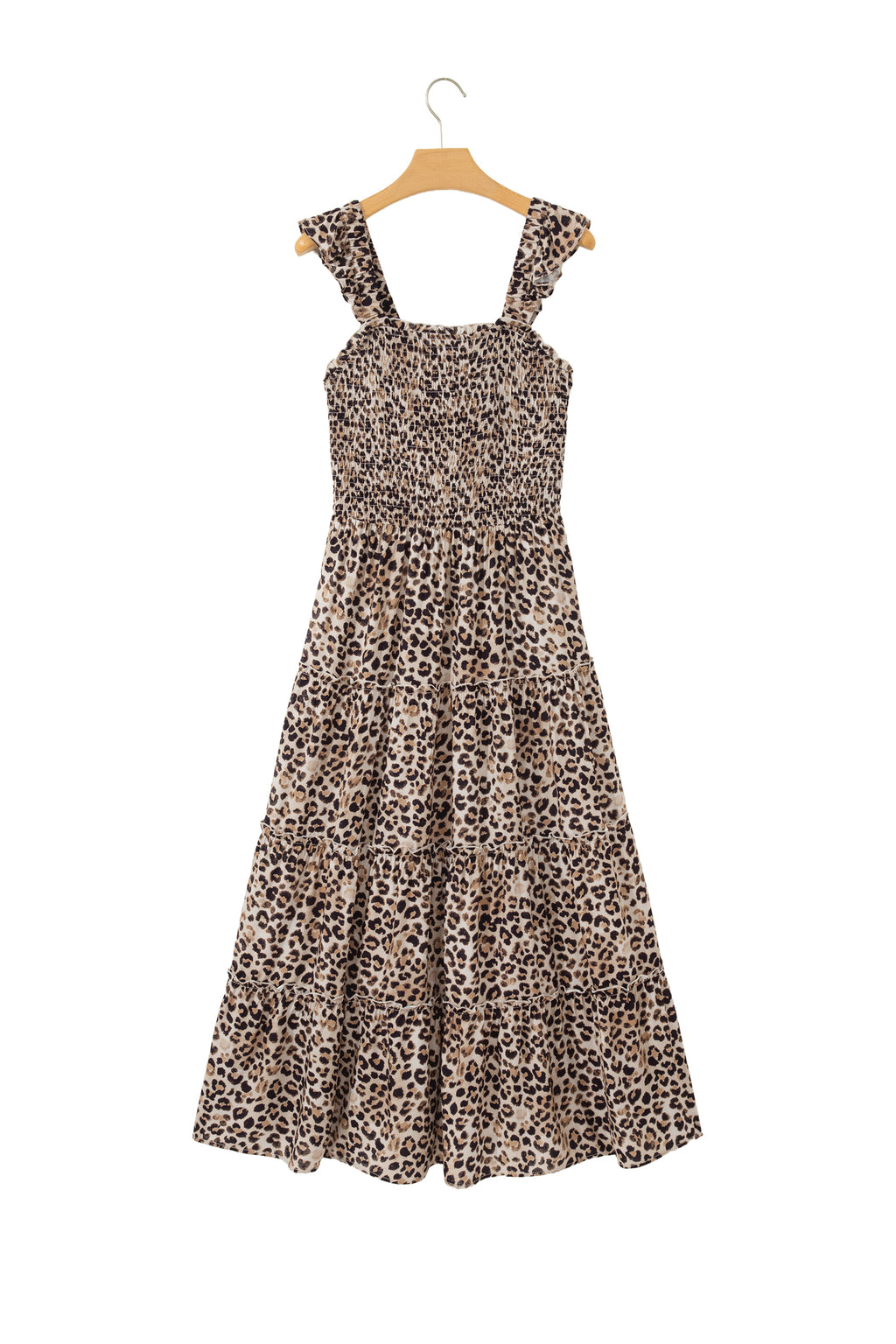 Brown Ruffled Straps Smocked Tiered Leopard Maxi Dress