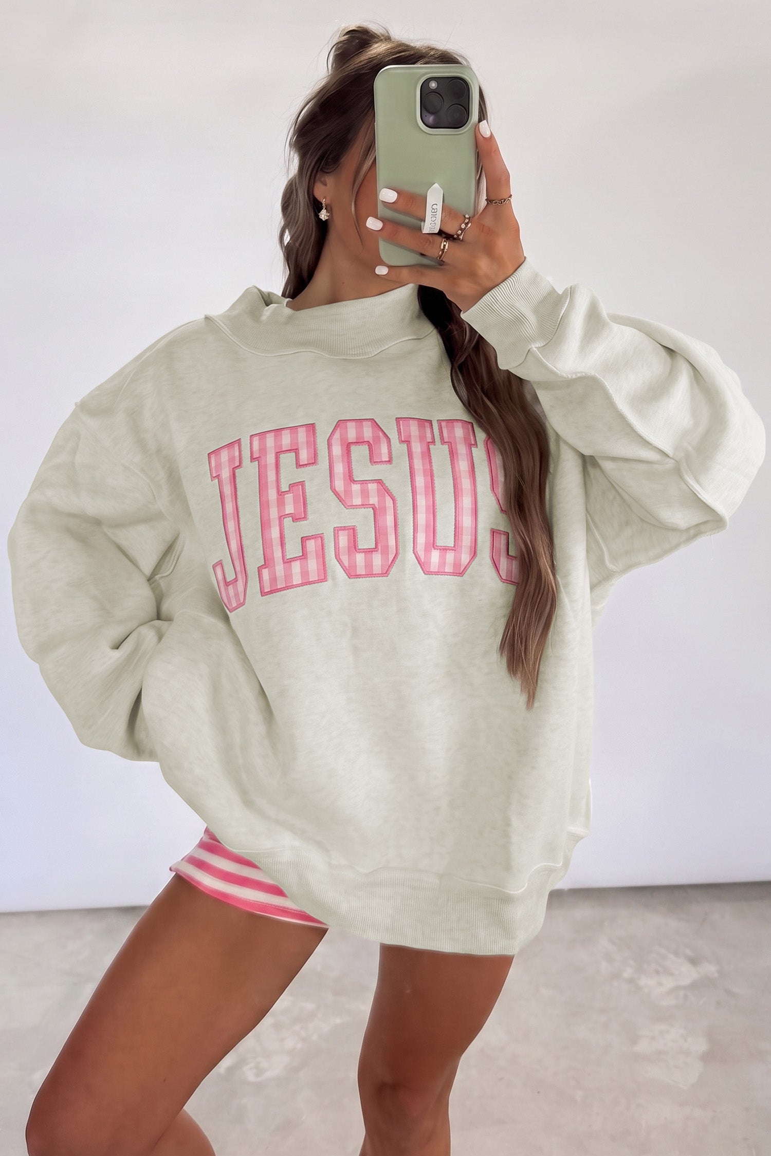 Light Grey High Neck Polka Dot Slogan Printed Baggy Sweatshirt