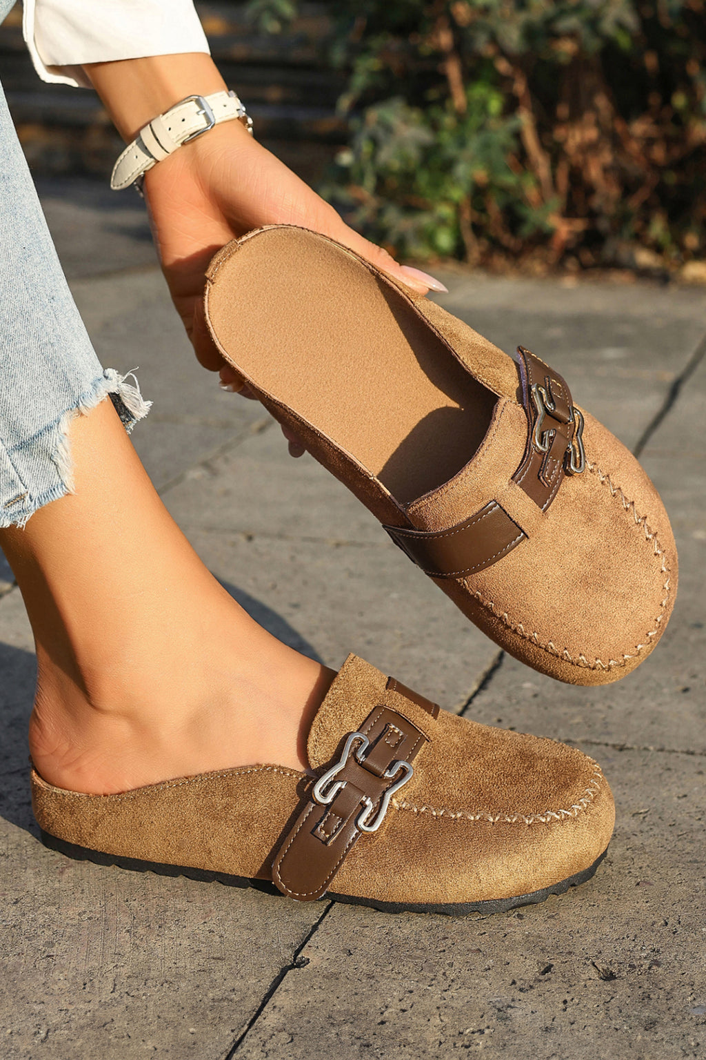 Coffee Faux Suede Cute Buckle PU Leather Strap Mule Slippers