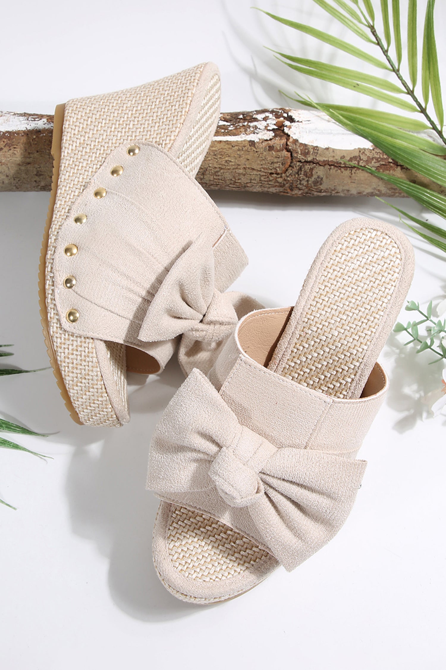 Oatmeal Cute Bow Knot Studded Wedge Platform Slippers