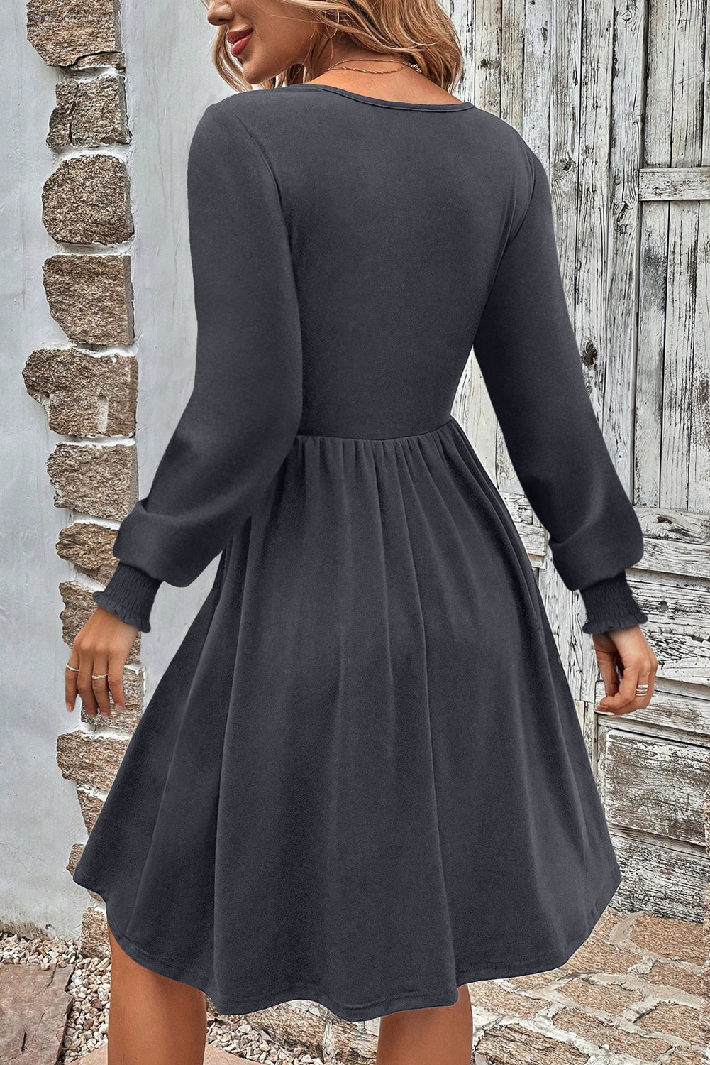 Chestnut Shirred Cuff Long Sleeve Button Round Neck Mini Dress
