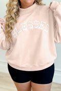 Light Pink BLESSED Embroidered Trim Patch Graphic Plus Size Mock Neck Sweatshirt