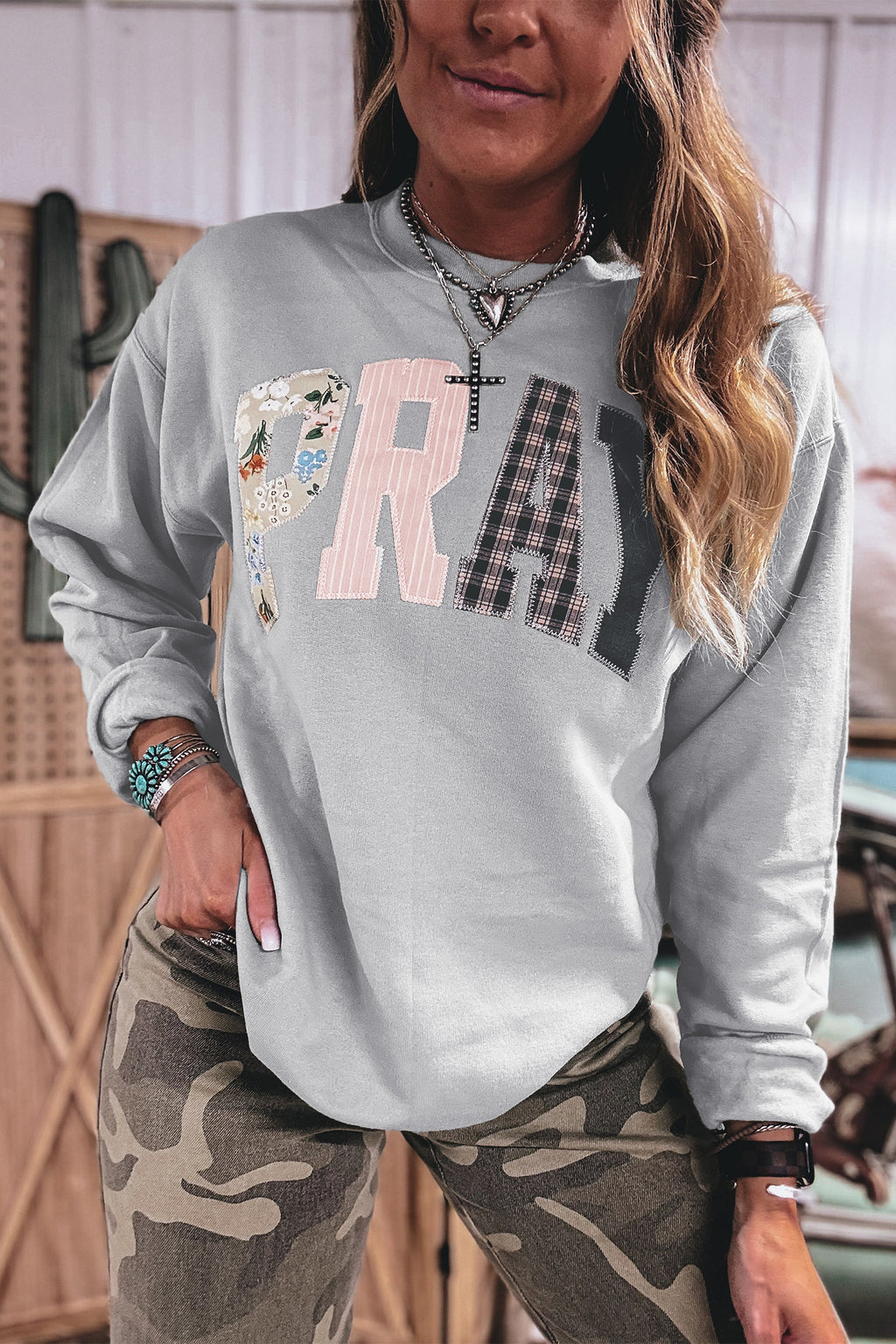 Coffee Floral Buffalo Plaid Striped Embroidered Patch Western Pullover Sweatshirt