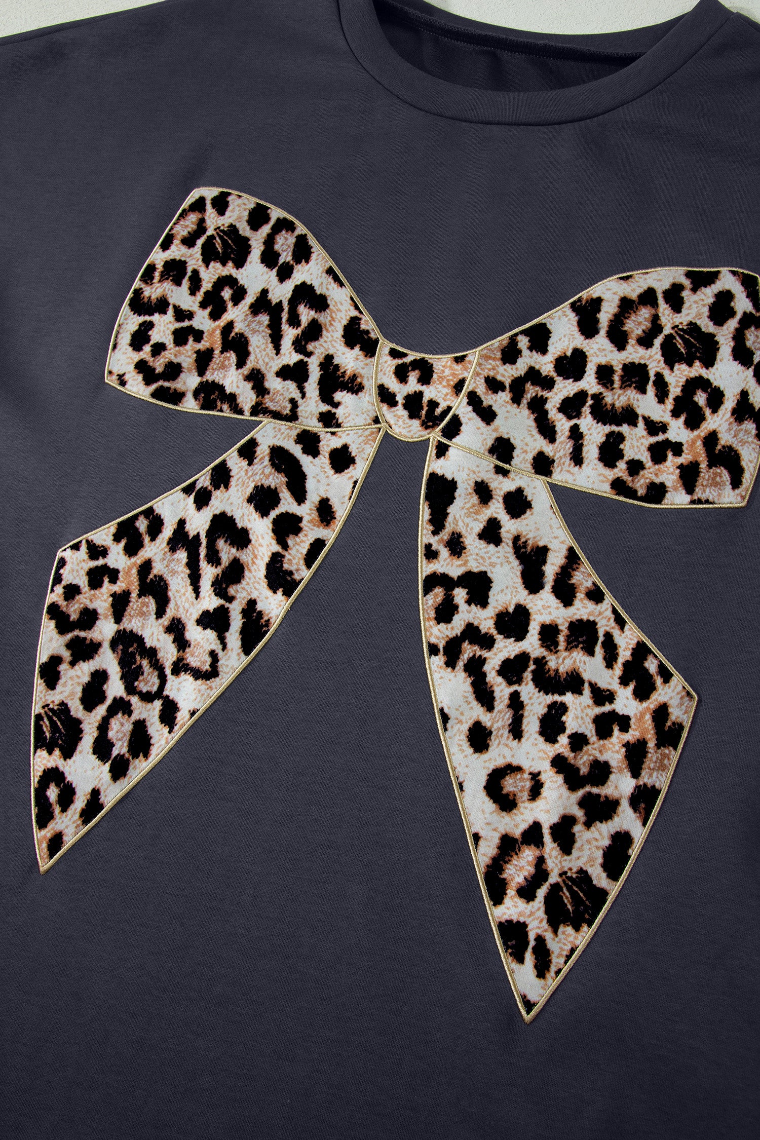 Dark Grey Contrast Leopard Bow Patched Short Sleeve T Shirt Long Dress