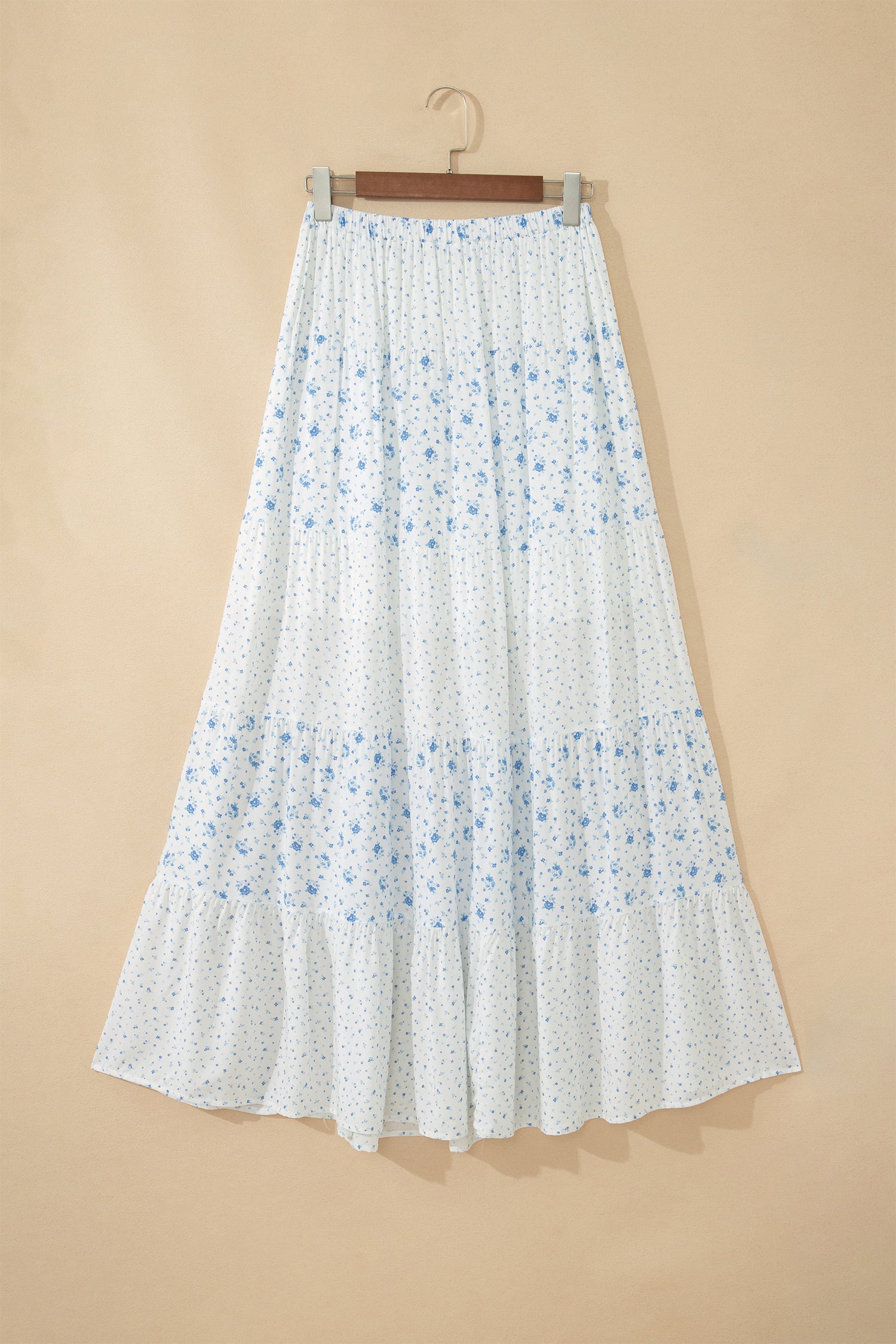 Sky Blue High Waist Tiny Floral Print Boho Maxi Skirt