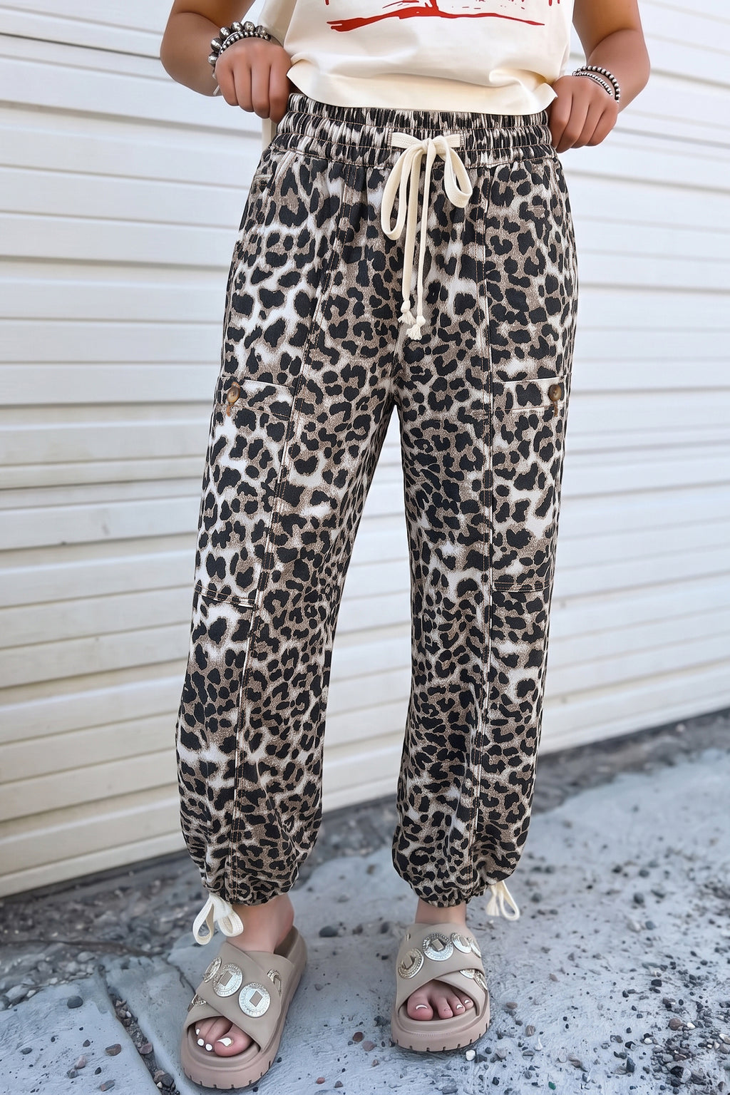 Black Leopard Print Drawstring Jogger Jeans