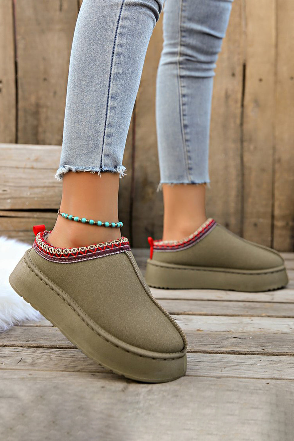 Sage Green Faux Suede Embroidered Detail Plush Lined Platform Slippers