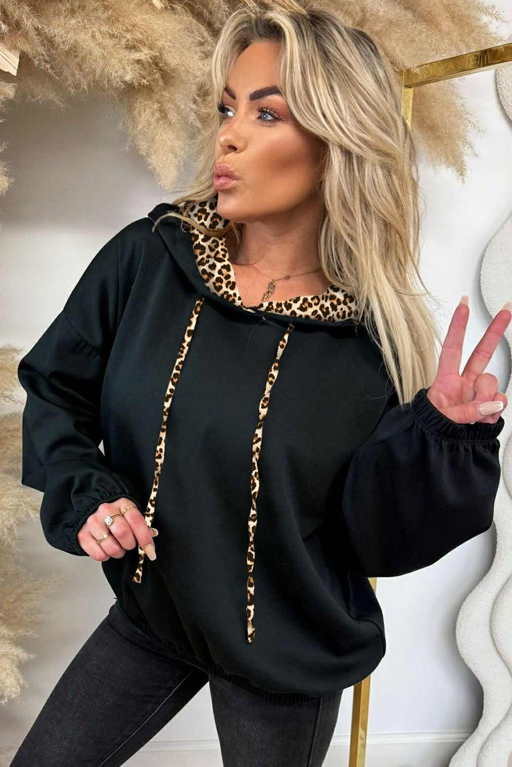 Black Elastic Cuffs Leopard Contrast Drawstring Hoodie