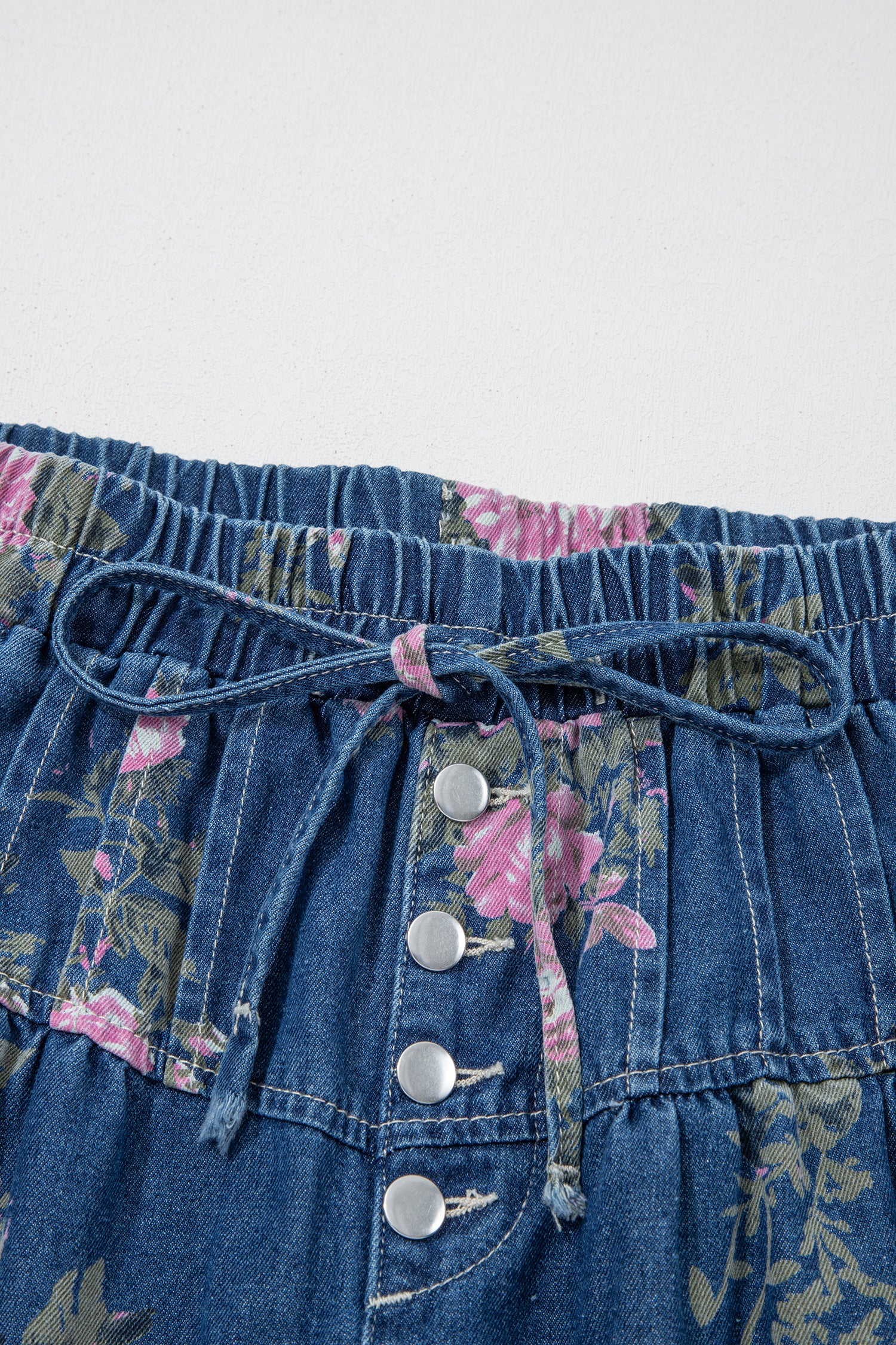 Blue Retro Floral Print Tie Elastic Waist Button Pintuck Wide Leg Jeans