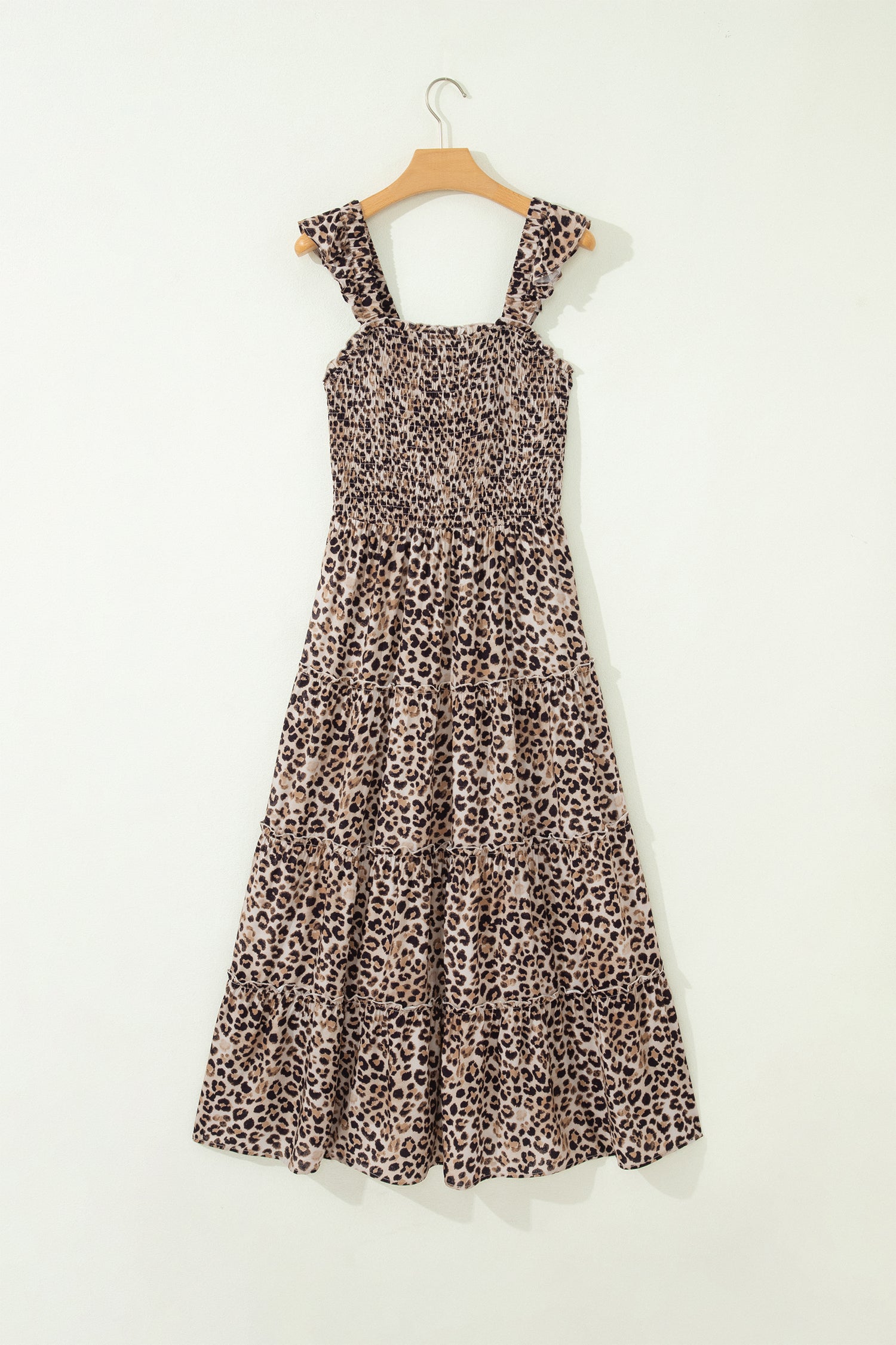 Brown Ruffled Straps Smocked Tiered Leopard Maxi Dress