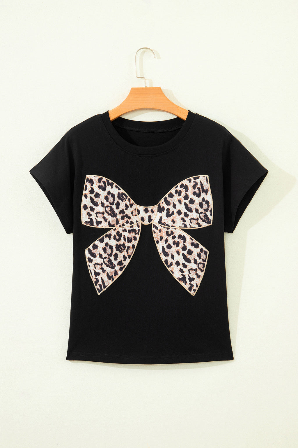 Black Leopard Bow Embroidered Cotton Round Neck T Shirt