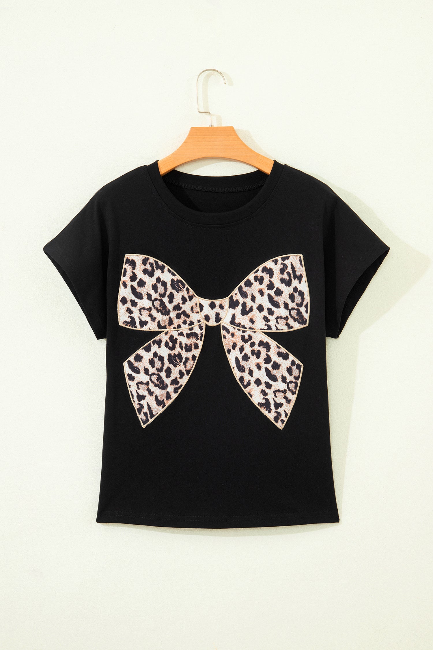 Black Leopard Bow Embroidered Cotton Round Neck T Shirt