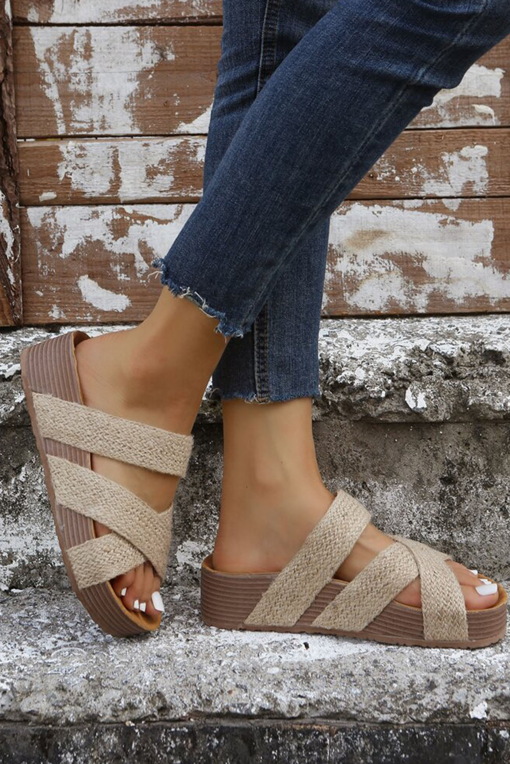 Brown Woven Cross Criss Hollowed Slip-On Slippers