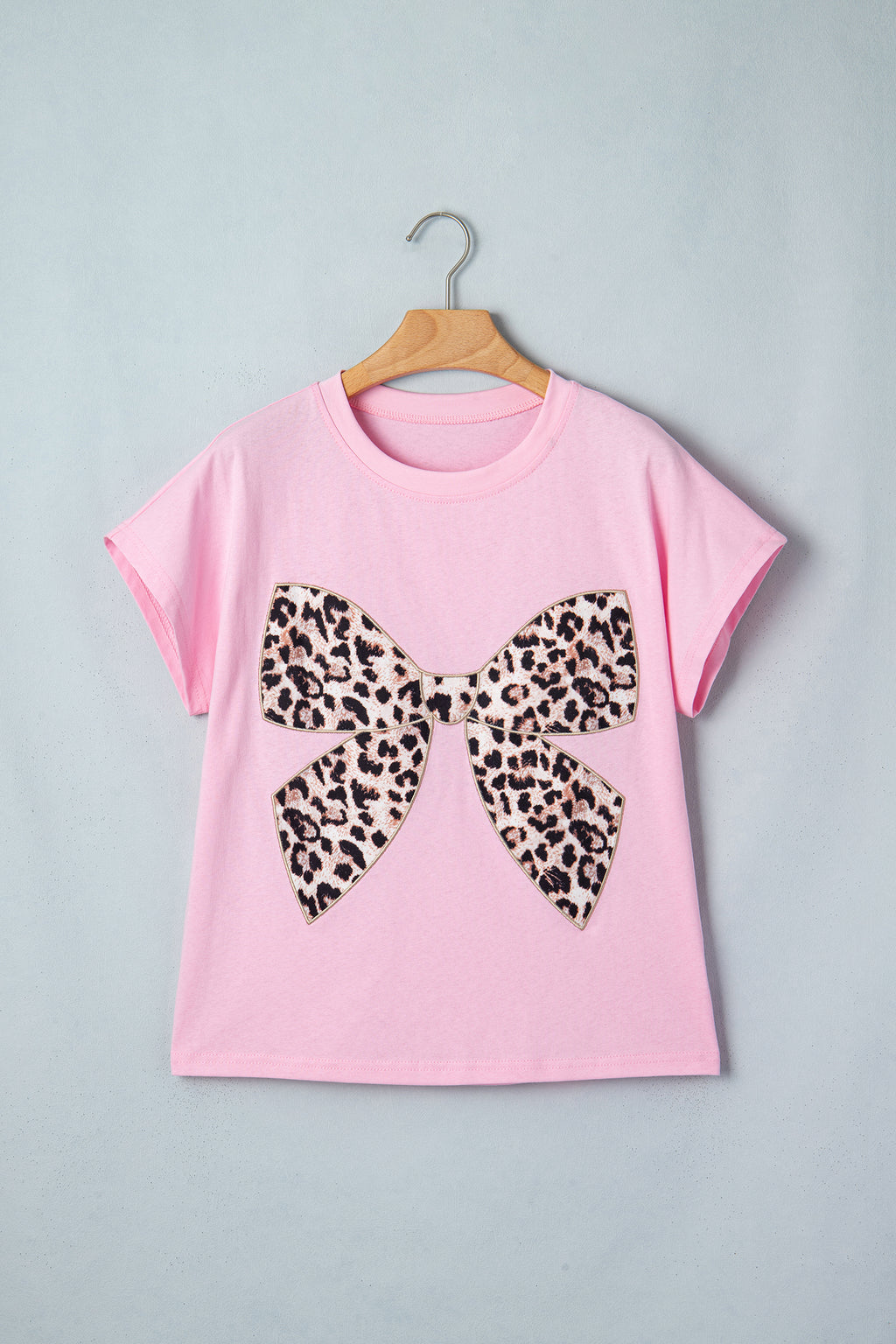 Black Leopard Bow Embroidered Cotton Round Neck T Shirt