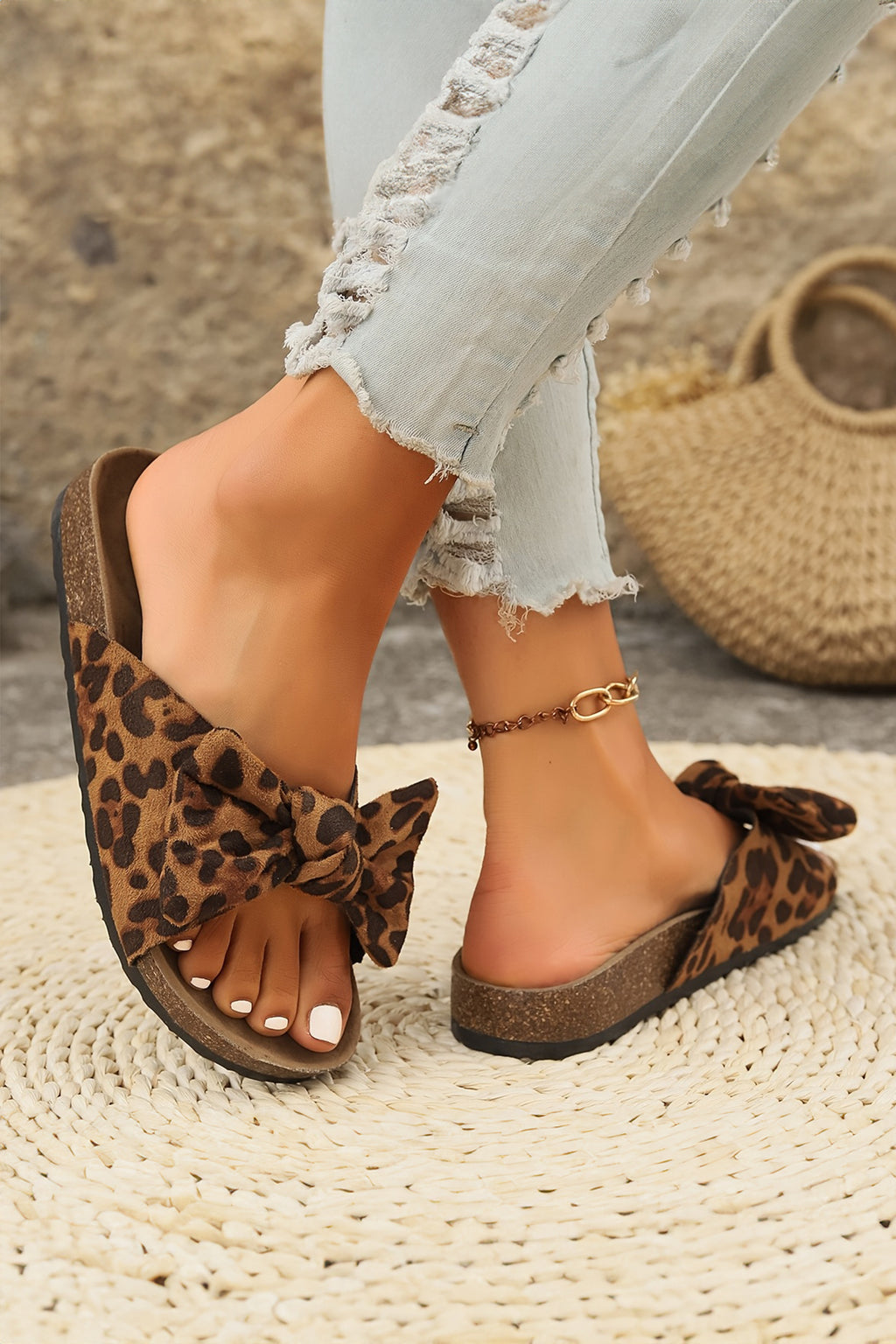 Coffee Leopard Bow Retro Cork Slippers
