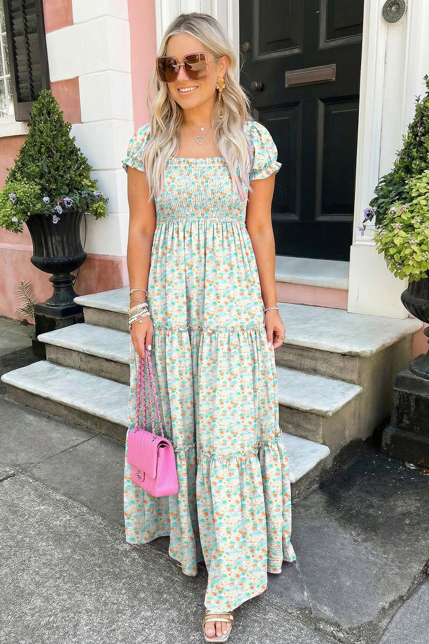 Pink Floral Short Bubble Sleeve Shirred High Waist Maxi Dress