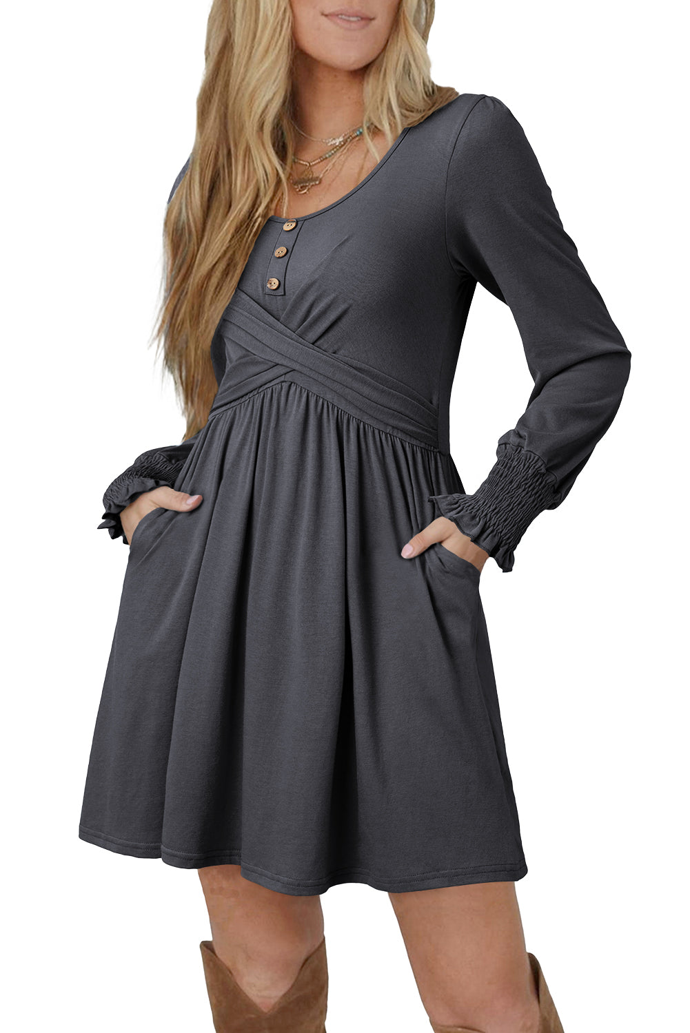 Chestnut Shirred Cuff Long Sleeve Button Round Neck Mini Dress