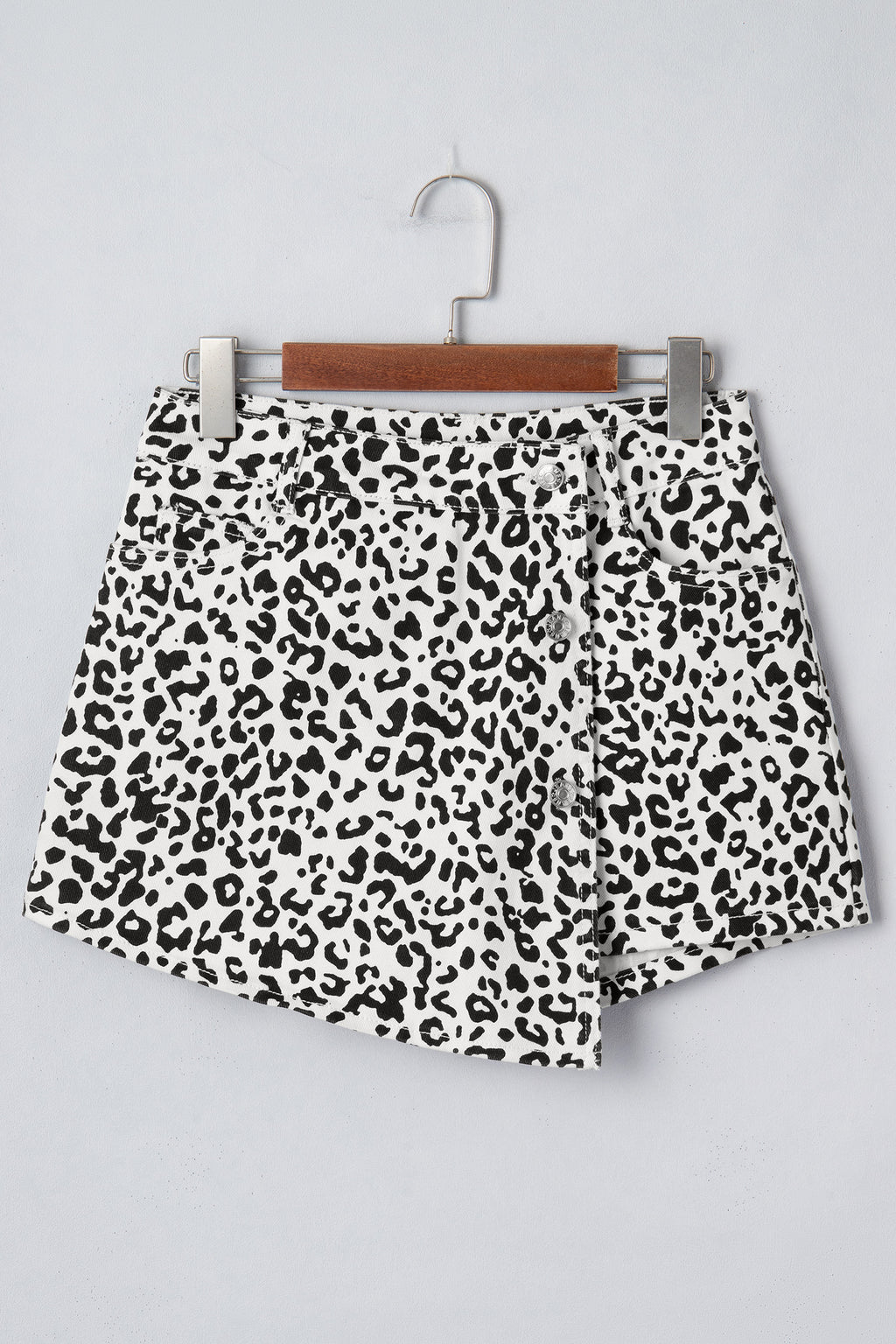 Black Leopard Print Button Overlap Denim Shorts