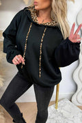 Black Elastic Cuffs Leopard Contrast Drawstring Hoodie