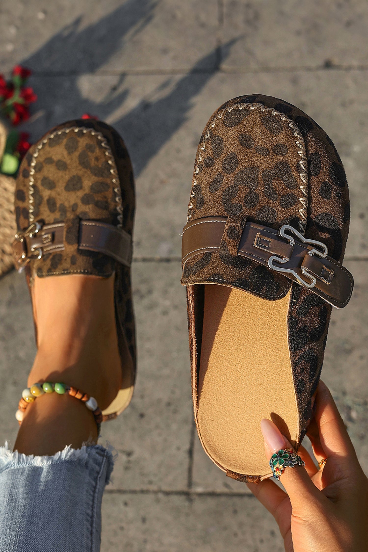 Coffee Faux Suede Cute Buckle PU Leather Strap Mule Slippers