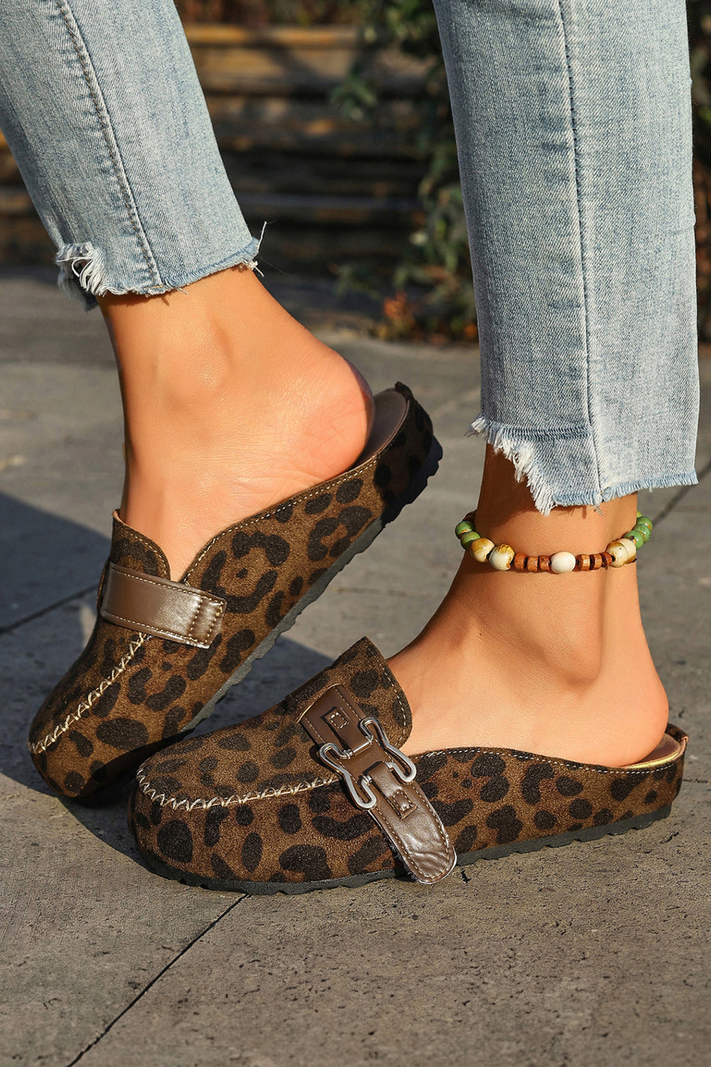 Coffee Faux Suede Cute Buckle PU Leather Strap Mule Slippers