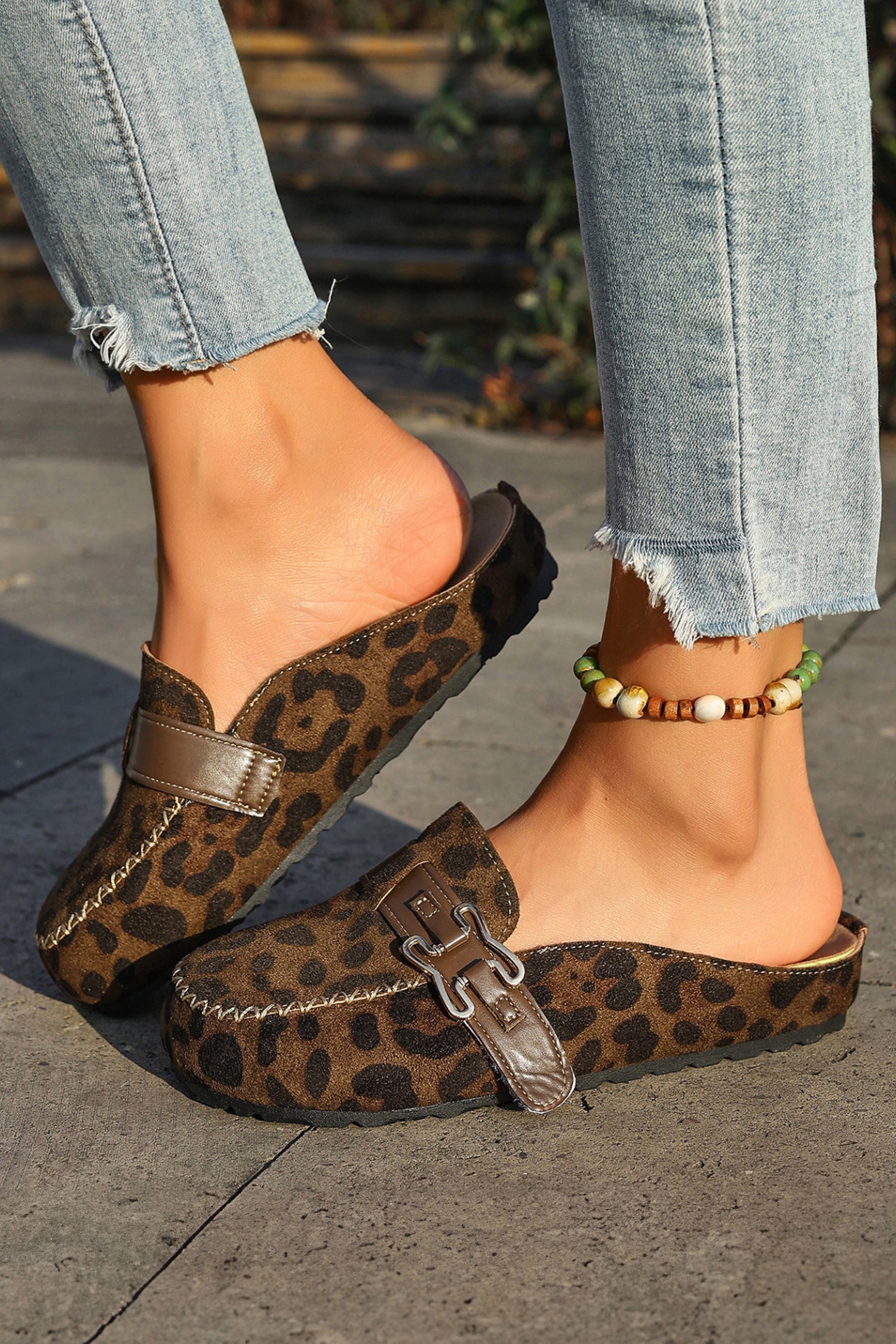 Coffee Faux Suede Cute Buckle PU Leather Strap Mule Slippers
