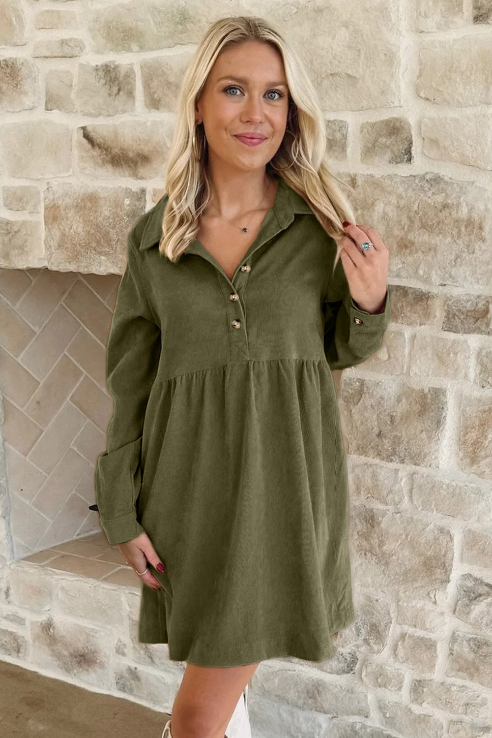Dearlovers Oatmeal Corduroy Half Button Collared Long Sleeve Mini Dress