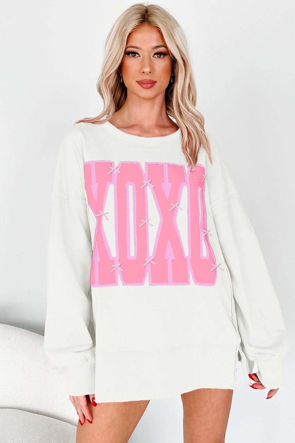 Pink Bow Sequin XOXO Letter Graphic Exposed Seam Baggy Sweatshirt