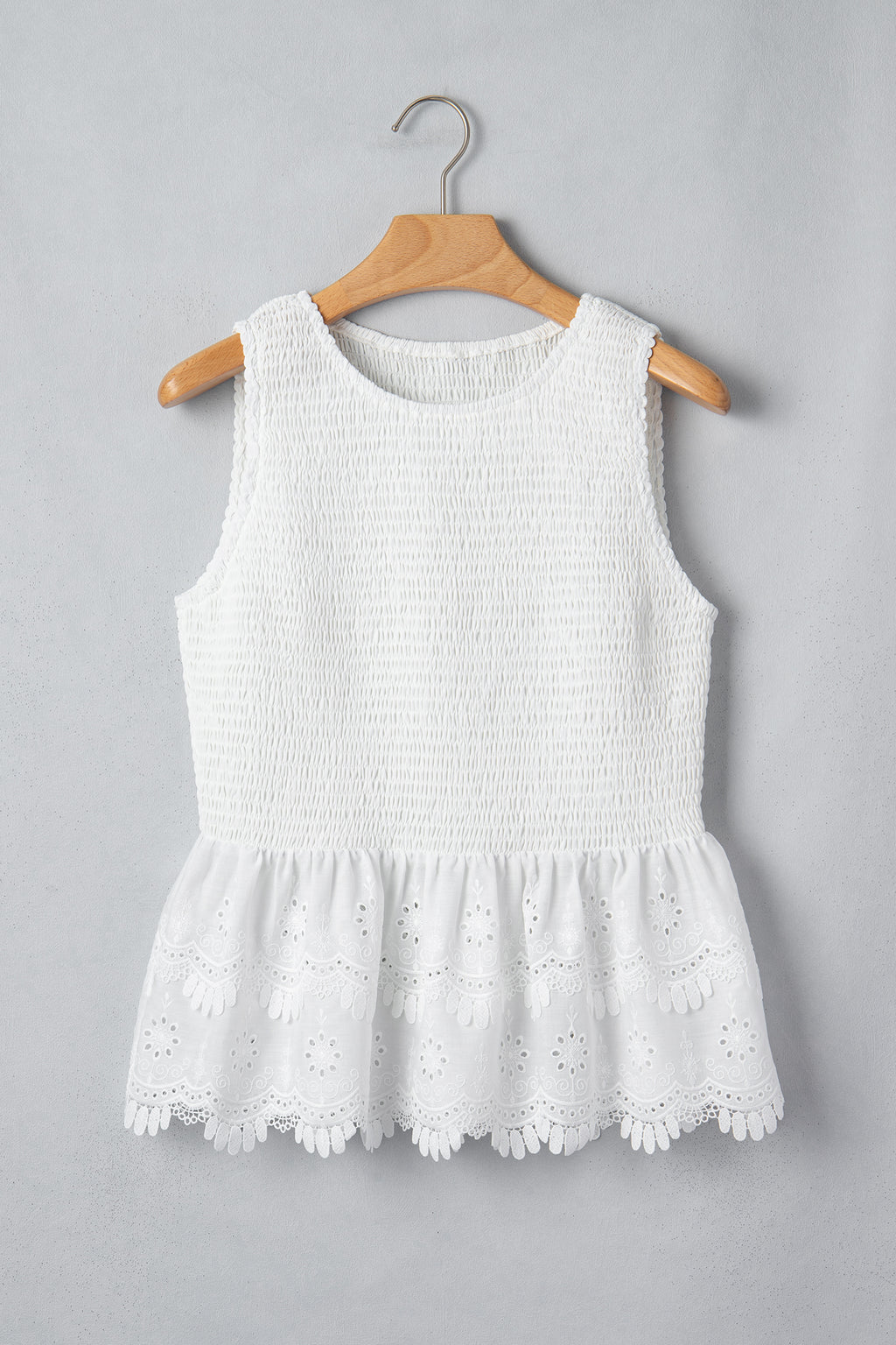 White Sleeveless Smocked Lace Peplum Top