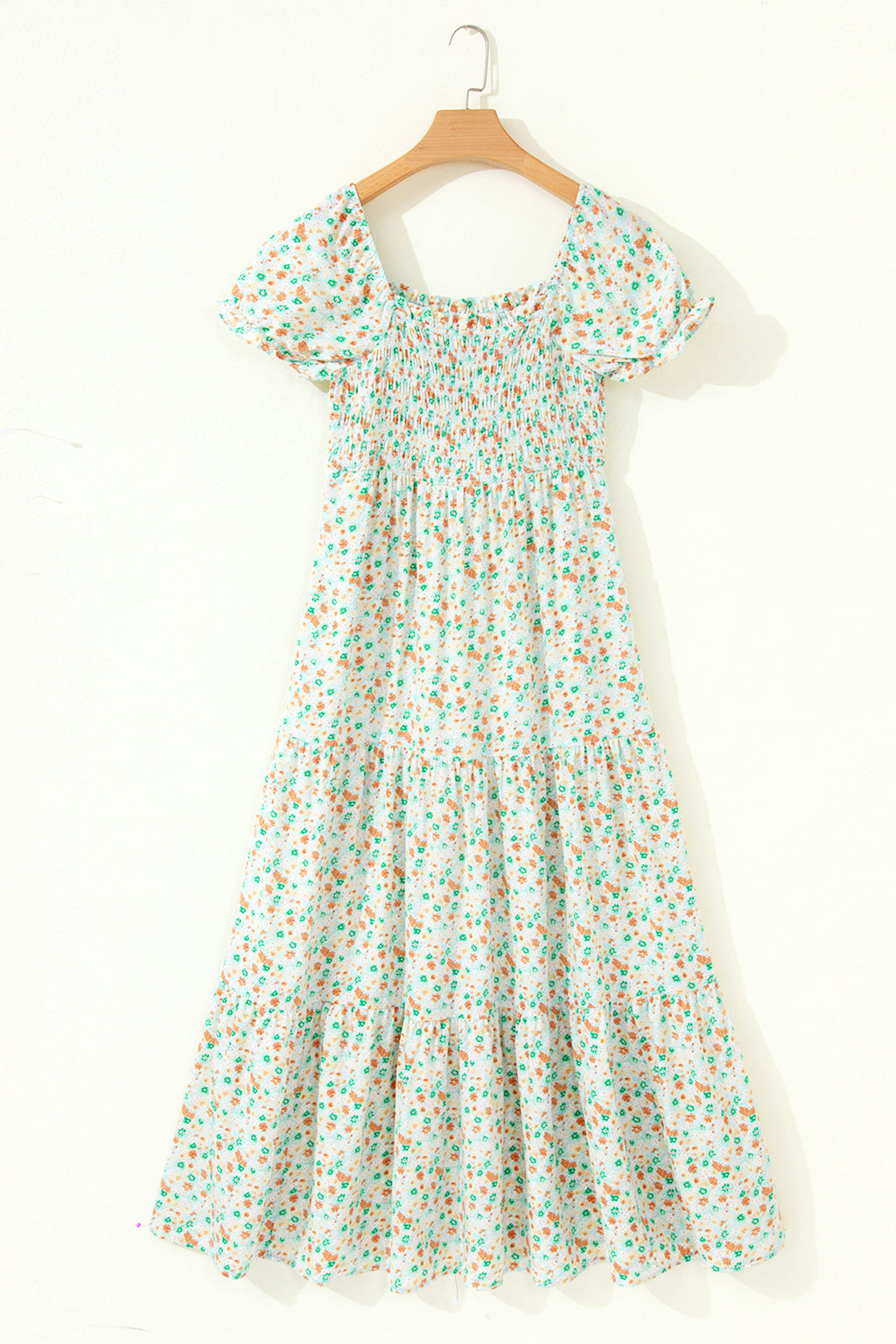 Pink Floral Short Bubble Sleeve Shirred High Waist Maxi Dress