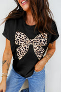Black Leopard Bow Embroidered Cotton Round Neck T Shirt