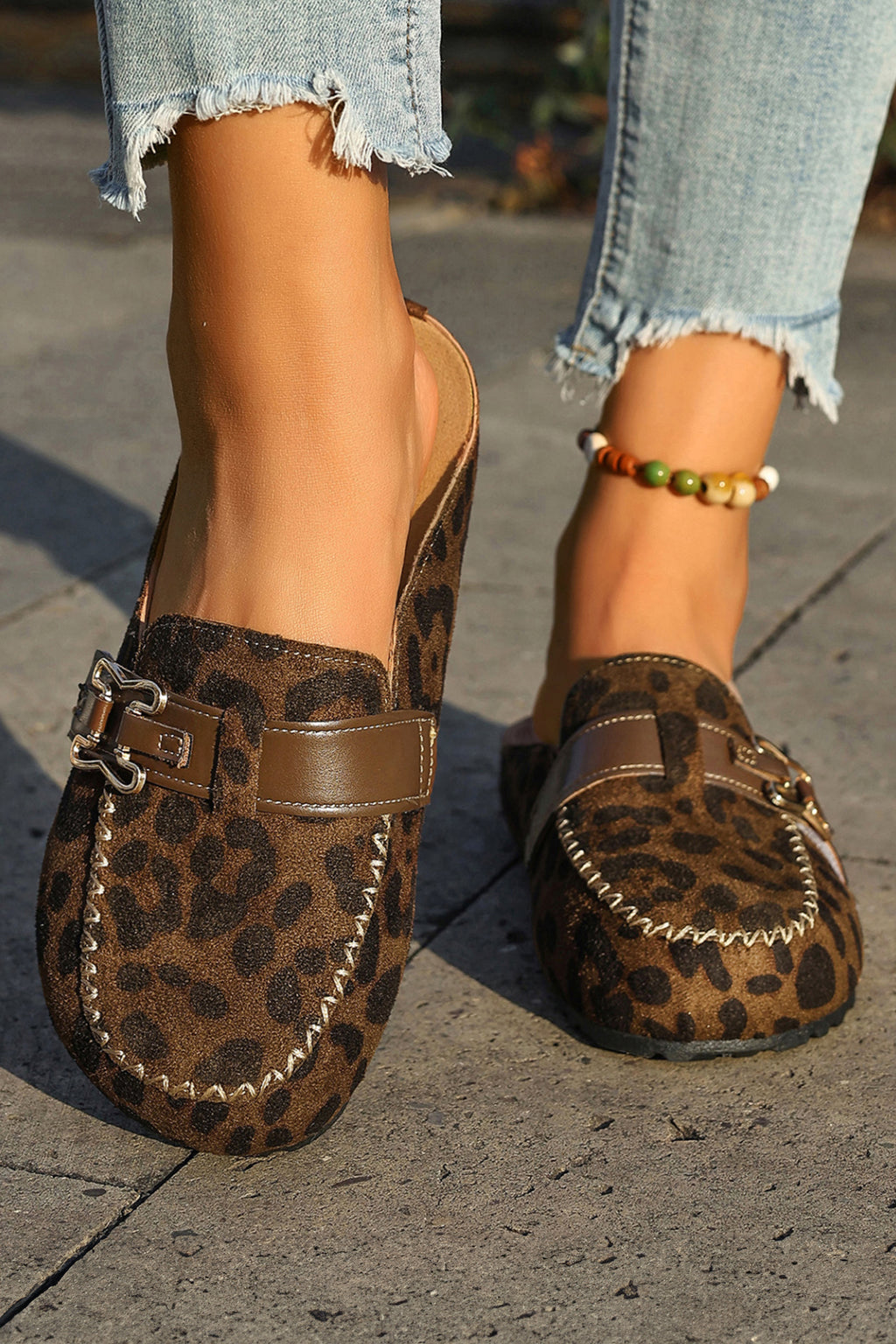 Coffee Faux Suede Cute Buckle PU Leather Strap Mule Slippers