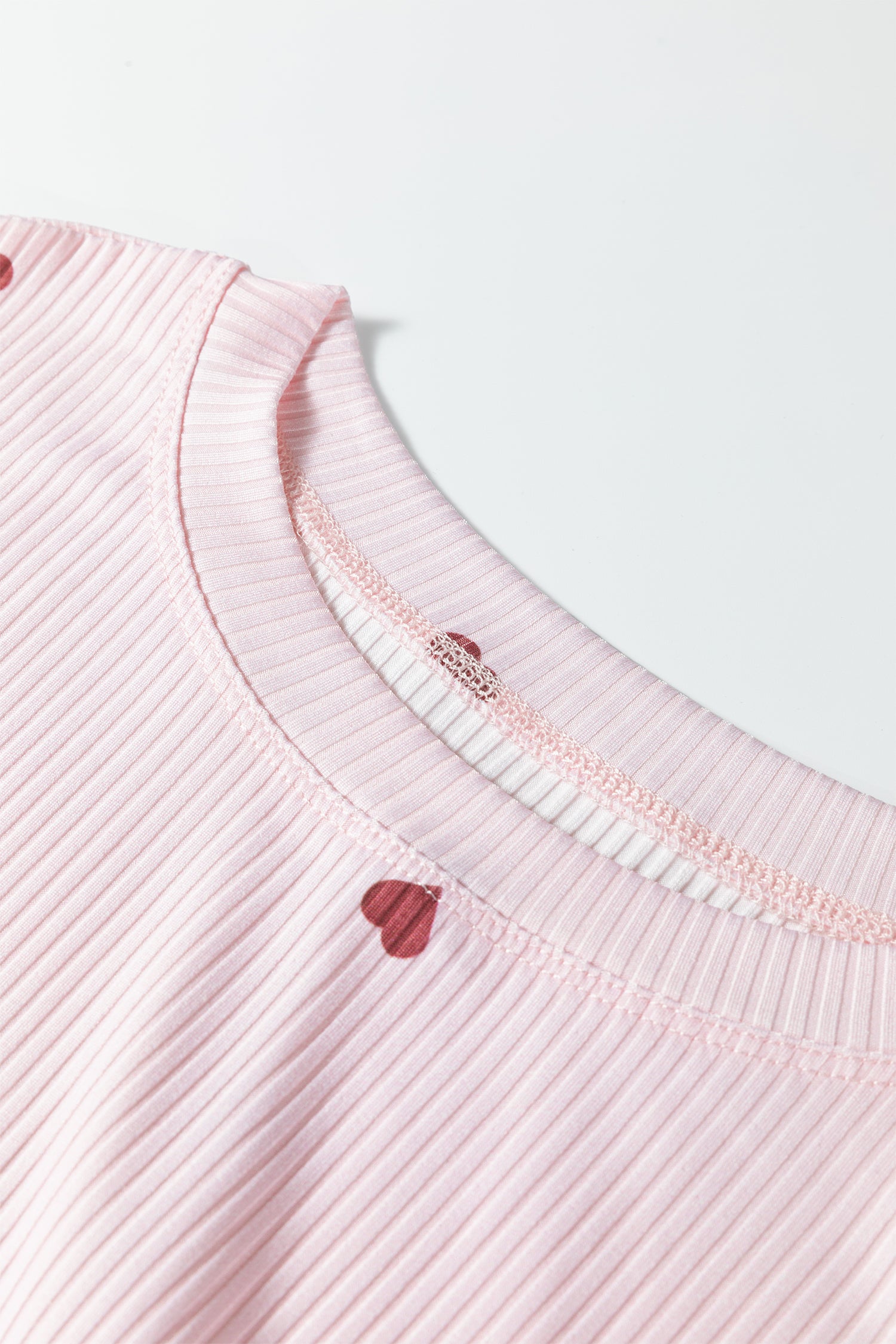Light Pink Valentine Heart Shape Print Ribbed Knit Short Lounge Set