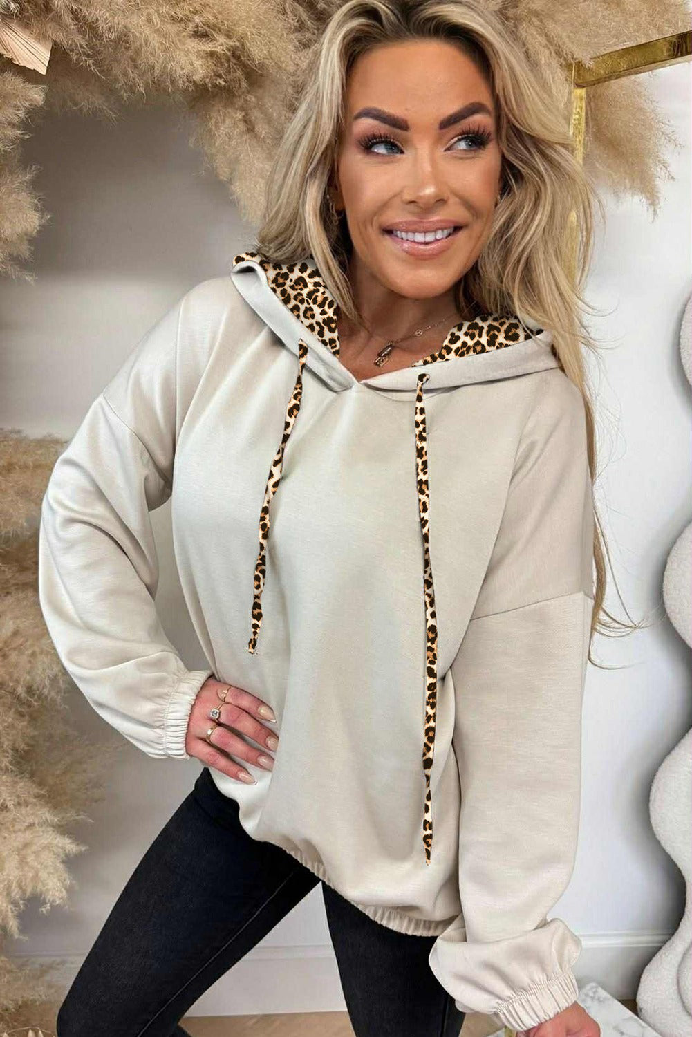 Black Elastic Cuffs Leopard Contrast Drawstring Hoodie