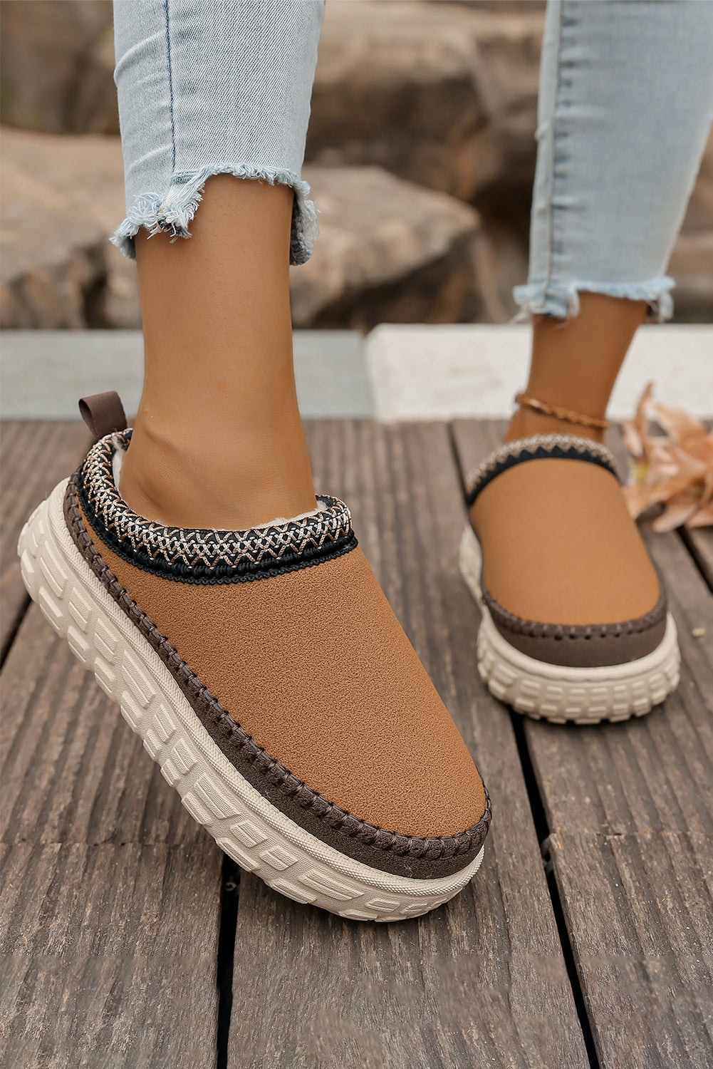 White Faux Suede Woven Trim Plush Lining Platform Slippers